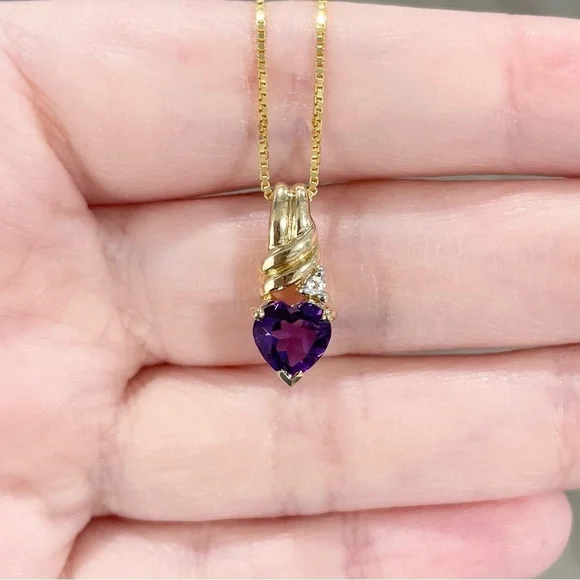 14K Amethyst heart cut dark purple genuine natural petite yellow gold pendant​​​